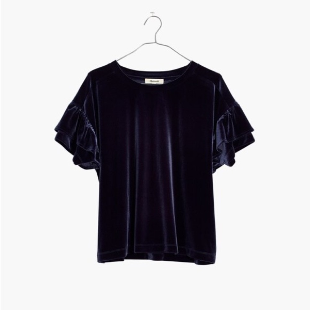 Madewell Navy Velvet Ruffle Sleeve Top